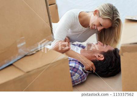 Couple, boxes and happy or excited for real estate, new home or property investment with romance or love. Moving, man and woman with smile, hug or embrace for fresh start, achievement or dream house Couple, boxes and happy or excited for real estate, new home or property investment with romance or love. Moving, man and woman with smile, hug or embrace for fresh start, achievement or dream house 113337562