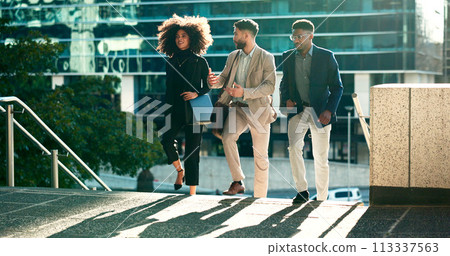 Business team, stairs and walking outdoor with conversation in city for morning travel to work, chat and happiness. Professional, workers and moving in urban town with communication and networking 113337563