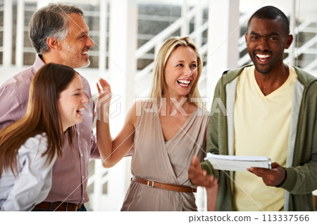 Business people, friends and laughing together in office, funny conversation and speaking in workplace. Colleagues, comic and comedy in collaboration at agency, happy and paperwork or silly joke Business people, friends and laughing together in office, funny conversation and speaking in workplace. Colleagues, comic and comedy in collaboration at agency, happy and paperwork or silly joke 113337566