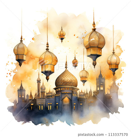 Watercolor Islamic Mosque, Suitable for Eid Mubarak greetings and Ramadan Kareem 113337570