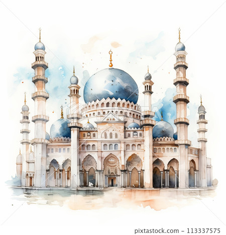 Watercolor Islamic Mosque, Suitable for Eid Mubarak greetings and Ramadan Kareem Watercolor Islamic Mosque, Suitable for Eid Mubarak greetings and Ramadan Kareem 113337575