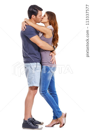 Hug, love and couple kiss in studio for care, romance or commitment to marriage isolated on a white background. Man, woman and touch lips to embrace for connection, support and relationship on mockup Hug, love and couple kiss in studio for care, romance or commitment to marriage isolated on a white background. Man, woman and touch lips to embrace for connection, support and relationship on mockup 113337577