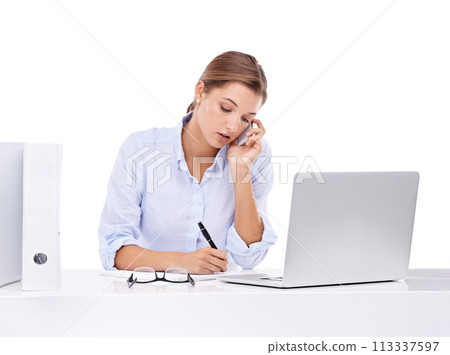 Laptop, phone call and woman writing in studio for appointment information at secretary desk. Communication, notebook and female receptionist on mobile conversation with computer by white background. Laptop, phone call and woman writing in studio for appointment information at secretary desk. Communication, notebook and female receptionist on mobile conversation with computer by white background. 113337597
