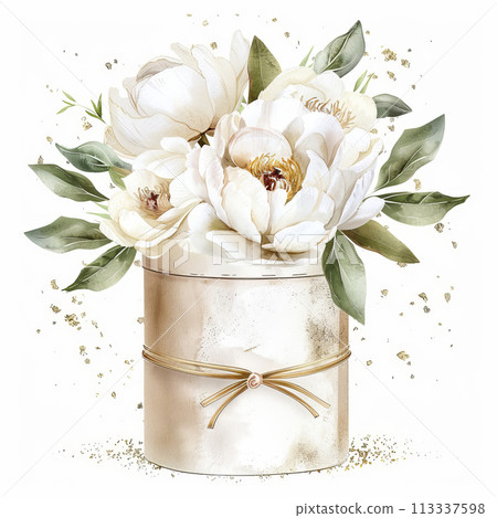 Watercolor hatbox with white peonies Watercolor hatbox with white peonies 113337598