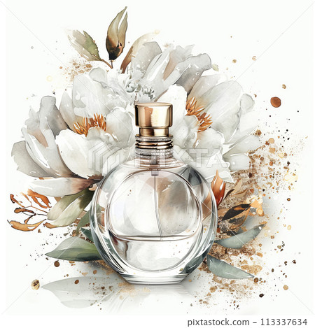 Watercolor parfume elegant bottle and spring peonies Watercolor parfume elegant bottle and spring peonies 113337634
