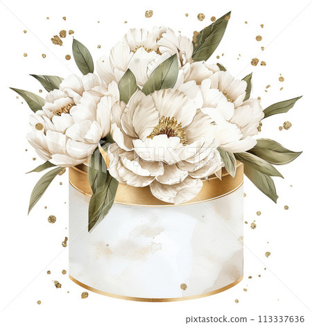 Watercolor hatbox with white peonies Watercolor hatbox with white peonies 113337636