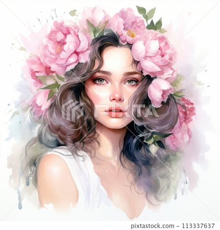 Beautiful woman with flowers wreath on the head, watercolor on white background Beautiful woman with flowers wreath on the head, watercolor on white background 113337637