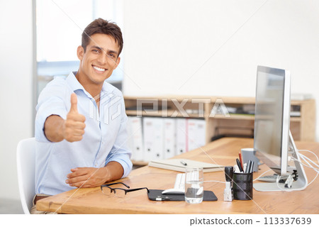 Happy businessman, portrait and thumbs up at office for career success, winning or good job. Man or employee smile with like emoji, yes sign or OK for thank you or approval by computer at workplace Happy businessman, portrait and thumbs up at office for career success, winning or good job. Man or employee smile with like emoji, yes sign or OK for thank you or approval by computer at workplace 113337639