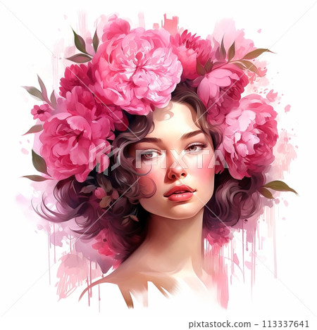 Beautiful woman with flowers wreath on the head, watercolor on white background Beautiful woman with flowers wreath on the head, watercolor on white background 113337641