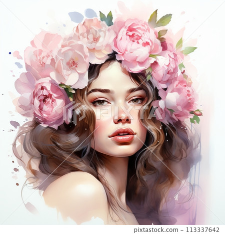 Beautiful woman with flowers wreath on the head, watercolor on white background 113337642