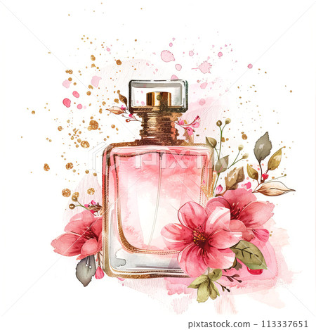 Watercolor parfume elegant bottle and spring flowers on white background Watercolor parfume elegant bottle and spring flowers on white background 113337651
