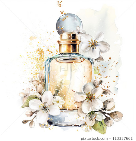 Watercolor parfume elegant bottle and spring flowers on white background Watercolor parfume elegant bottle and spring flowers on white background 113337661