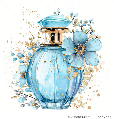 Watercolor parfume elegant bottle and spring flowers on white background 113337667
