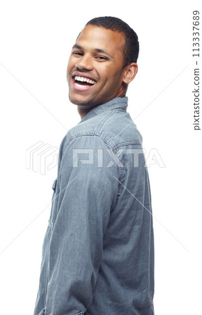 Happy man, portrait and laughing with fashion for style, denim or casual clothing on a white studio background. Excited male person, friendly hipster or young model with funny smile in stylish outfit Happy man, portrait and laughing with fashion for style, denim or casual clothing on a white studio background. Excited male person, friendly hipster or young model with funny smile in stylish outfit 113337689