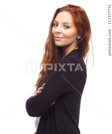 Fashion, woman or portrait with arms crossed in studio for happiness, casual style and pride on white background. Young person, face and smile with good mood, proud and joy with positive mindset 113337731