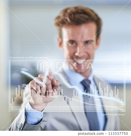 Charts hologram, portrait or businessman in the stock market for finance analysis, trading database. Economy research, touchscreen or financial trader reading investment statistics, profit analytics Charts hologram, portrait or businessman in the stock market for finance analysis, trading database. Economy research, touchscreen or financial trader reading investment statistics, profit analytics 113337750