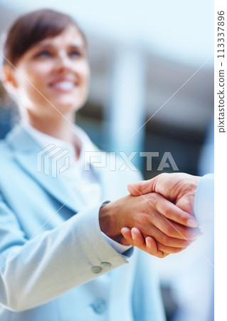 Happy business people, handshake and meeting for b2b, partnership or corporate deal at office. Businessman and woman shaking hands in greeting, introduction or company agreement together at workplace Happy business people, handshake and meeting for b2b, partnership or corporate deal at office. Businessman and woman shaking hands in greeting, introduction or company agreement together at workplace 113337896