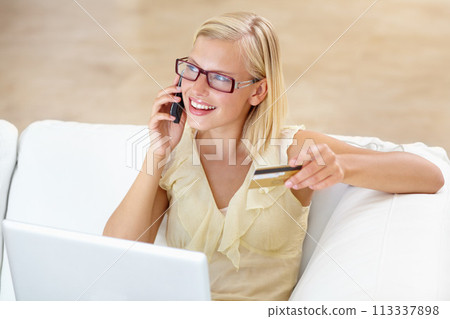 Phone call, couch and woman with laptop, credit card and online shopping payment in home. Ecommerce, crm and girl on sofa with cellphone discussion for deal, offer or internet sale in living room. Phone call, couch and woman with laptop, credit card and online shopping payment in home. Ecommerce, crm and girl on sofa with cellphone discussion for deal, offer or internet sale in living room. 113337898