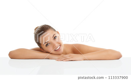 Skincare, mockup and portrait of happy woman in studio for wellness cosmetics on white background. Space, face and female model with natural beauty, treatment or dermatology, shine and glowing skin Skincare, mockup and portrait of happy woman in studio for wellness cosmetics on white background. Space, face and female model with natural beauty, treatment or dermatology, shine and glowing skin 113337900