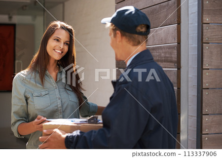 Package, woman and courier with delivery, distribution and parcel with compliance and customer service. Home, front door and client with employee or industry with box and clipboard with signature Package, woman and courier with delivery, distribution and parcel with compliance and customer service. Home, front door and client with employee or industry with box and clipboard with signature 113337906