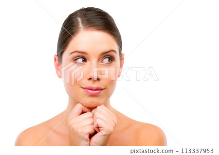 Thinking, skincare and ideas with woman, cosmetics and dermatology isolated on white studio background. Person, mockup space or model with decision and solution with healthy skin or choice for beauty 113337953