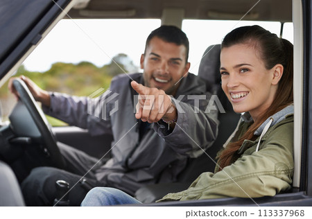 Couple, car and pointing on roadtrip with travel for adventure, vacation or sightseeing with happiness in countryside. Woman, man or driving in vehicle for holiday journey, tourism and honeymoon trip Couple, car and pointing on roadtrip with travel for adventure, vacation or sightseeing with happiness in countryside. Woman, man or driving in vehicle for holiday journey, tourism and honeymoon trip 113337968