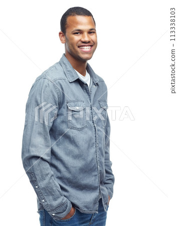 Portrait, studio and black man with denim shirt, happy and smile on face for clothes. African male person, joy and style for aesthetic of fashion, casual and cool as model in white background 113338103