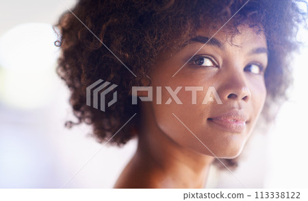 Confident, portrait and black woman with natural beauty or glow on skin from dermatology. African, girl and relax with healthy skincare on face or hair care from cosmetics in banner with mockup space 113338122