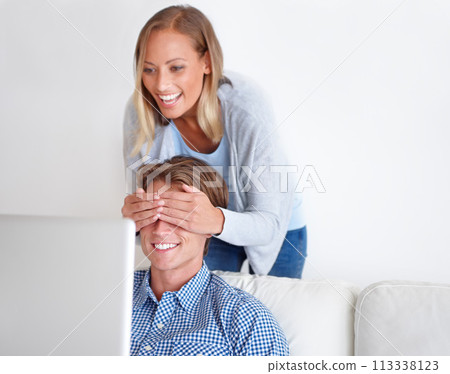 Laptop, eyes closed and couple on sofa in home for internet, online website and social networking. Happy, surprise and man and woman on computer for relaxing, streaming subscription and remote work 113338123