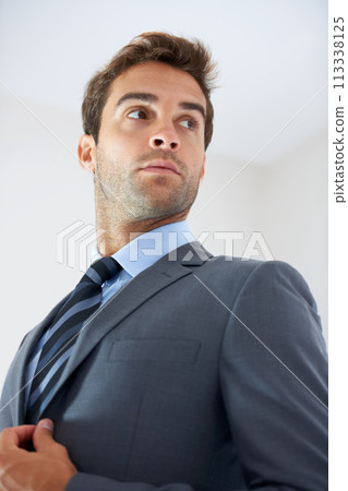 Thinking, business and man with ideas, employee and solution with planning, problem solving and professional. Person, agent and consultant with inspiration, decision and choice with startup career 113338125