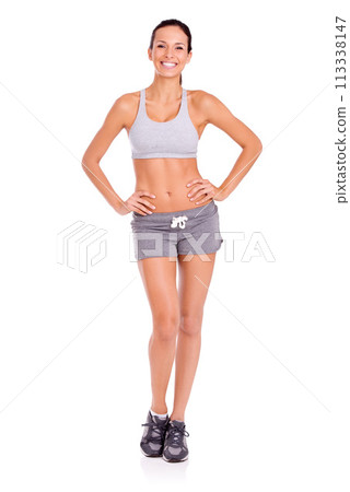 Sports, health and portrait of woman in studio for weight loss, nutrition or wellness diet for energy. Happy, fitness and female person for body exercise, workout or training by white background. 113338147