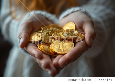 Golden Bitcoin in hands 113338165