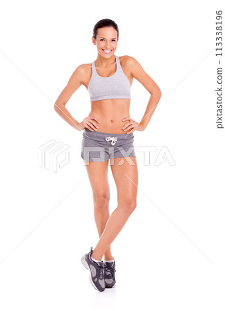 Fitness, happy and portrait of woman in studio for weight loss, health or wellness diet for energy. Smile, sports and slim female person for body exercise, workout or training by white background. 113338196