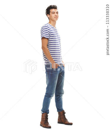 Fashion, man and portrait with casual, stylish and cool clothes isolated in studio by white background. Face, confidence and male model person in trendy, smile and relaxed outfit in mockup space. Fashion, man and portrait with casual, stylish and cool clothes isolated in studio by white background. Face, confidence and male model person in trendy, smile and relaxed outfit in mockup space. 113338310