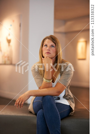 Thinking, creative and woman at a gallery for art, exhibition or education on culture. Idea, studying and a girl looking at creativity or paintings in a museum for inspiration, learning or collection 113338322