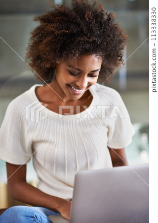 Laptop, smile and adult education with black woman in living room of home for education, learning or study. Computer, video and virtual class with happy young student in apartment for research 113338330
