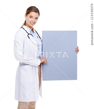 Sign, poster and happy portrait of doctor in white background, studio and mock up space. Medical, information and woman with board, presentation and paper for news in healthcare, hospital or clinic 113338374