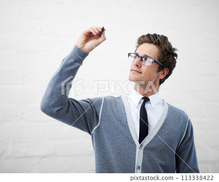 Business man, pen and writing with space, air and vision for ideas, brainstorming or planning by wall background. Entrepreneur, person or employee with notes, strategy or creative for problem solving Business man, pen and writing with space, air and vision for ideas, brainstorming or planning by wall background. Entrepreneur, person or employee with notes, strategy or creative for problem solving 113338422