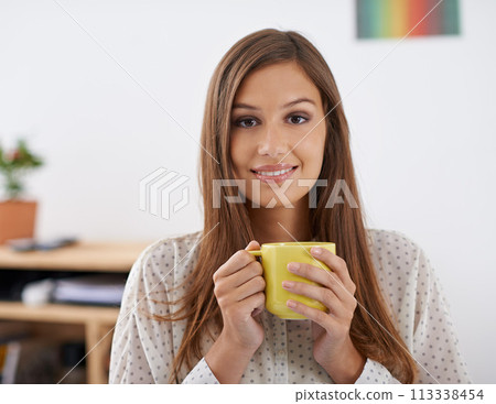 Happy, portrait and woman on coffee break in office and relax with drink at desk in London. Professional, person and enjoy green tea or latte with espresso in morning at workplace for calm moment 113338454