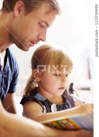 Family, father and daughter with homework for helping, bonding and learning for education in bedroom of home. People, man and girl child with homeschooling, writing in book and care on bed of house 113338489