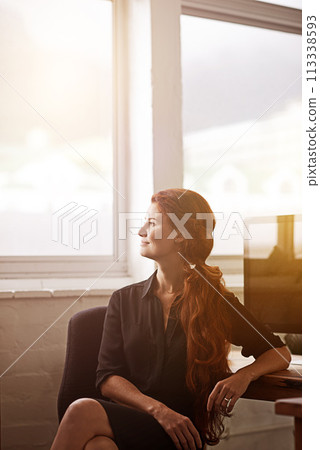 Woman, work and think with smile at window for company idea, vision and growth with future in startup business, company growth. Female person, entrepreneur and desk with computer in office as hr. Woman, work and think with smile at window for company idea, vision and growth with future in startup business, company growth. Female person, entrepreneur and desk with computer in office as hr. 113338593
