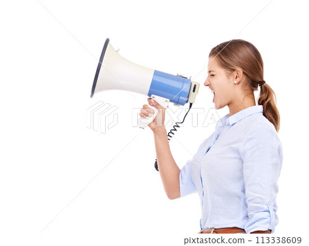 Megaphone, announcement and business woman shouting at company rally in studio isolated on white background. Protest, information and loudspeaker with young employee yelling on space for speech 113338609