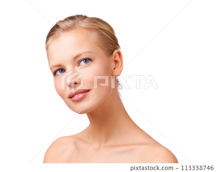 Face, skincare and thinking with natural woman in studio isolated on white background for wellness. Beauty, face and vision with confident young cosmetic model at salon for dermatology treatment 113338746