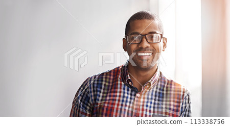 Portrait, business and happy black man in office, workplace or company for startup job. Face, glasses and smile of professional entrepreneur, employee and creative designer on mockup space in Kenya Portrait, business and happy black man in office, workplace or company for startup job. Face, glasses and smile of professional entrepreneur, employee and creative designer on mockup space in Kenya 113338756