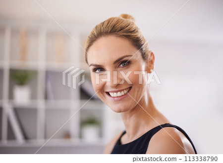 Business woman, portrait and happy entrepreneur in a creative office with confidence of a designer. Professional, career and female person at a fashion company with an art director ready for working 113338790