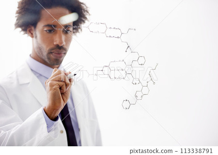 Scientist, man and writing on glass for chemistry with vaccine data, formula brainstorming and pharmaceutical solution. Science, african professional and drawing medical bonds for research analytics Scientist, man and writing on glass for chemistry with vaccine data, formula brainstorming and pharmaceutical solution. Science, african professional and drawing medical bonds for research analytics 113338791