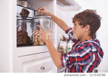 Cookies, kitchen and snack for boy in house for steal, sneaky or sugar in pantry or cupboard for meal. Young person or kid with hand in jar for biscuit, sweet or naughty for wrong or childhood 113338796