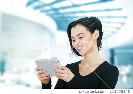 Business, smile and woman with tablet, office and digital app with creative and PR consultant. Person, copywriter and entrepreneur with technology and social media with startup or website information Business, smile and woman with tablet, office and digital app with creative and PR consultant. Person, copywriter and entrepreneur with technology and social media with startup or website information 113338848