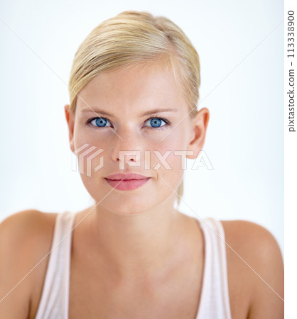 Portrait, skincare and beauty of blonde woman in studio isolated on a white background. Face, cosmetics and natural model in spa facial treatment, dermatology or healthy skin glow, shine and wellness 113338900