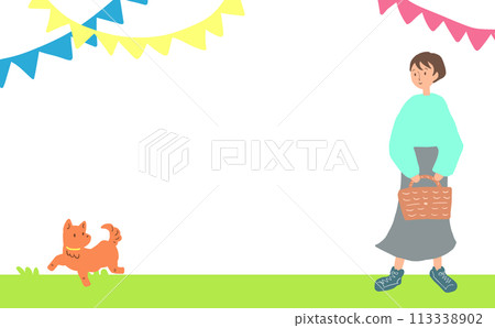 Colorful flags and woman and dog illustration 113338902